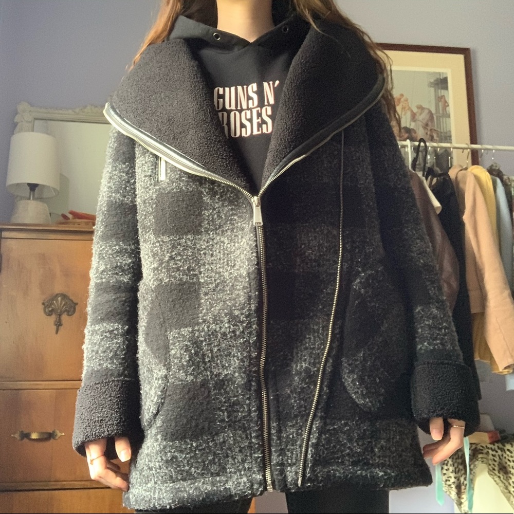 Asymmetrical Hooded Fleece-Lined Plaid Wool Coat